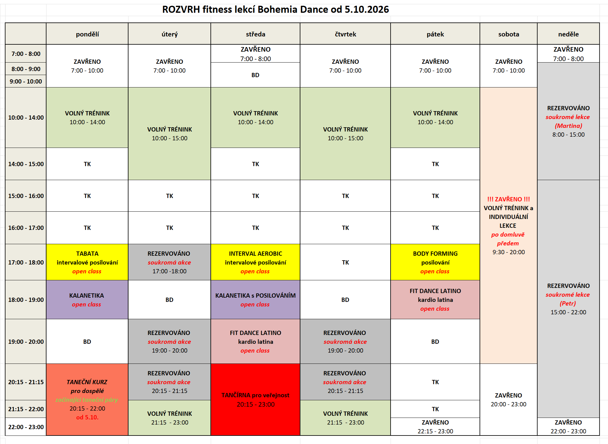 Rozvrh fitness lekcí (open class) od 7.9.2020